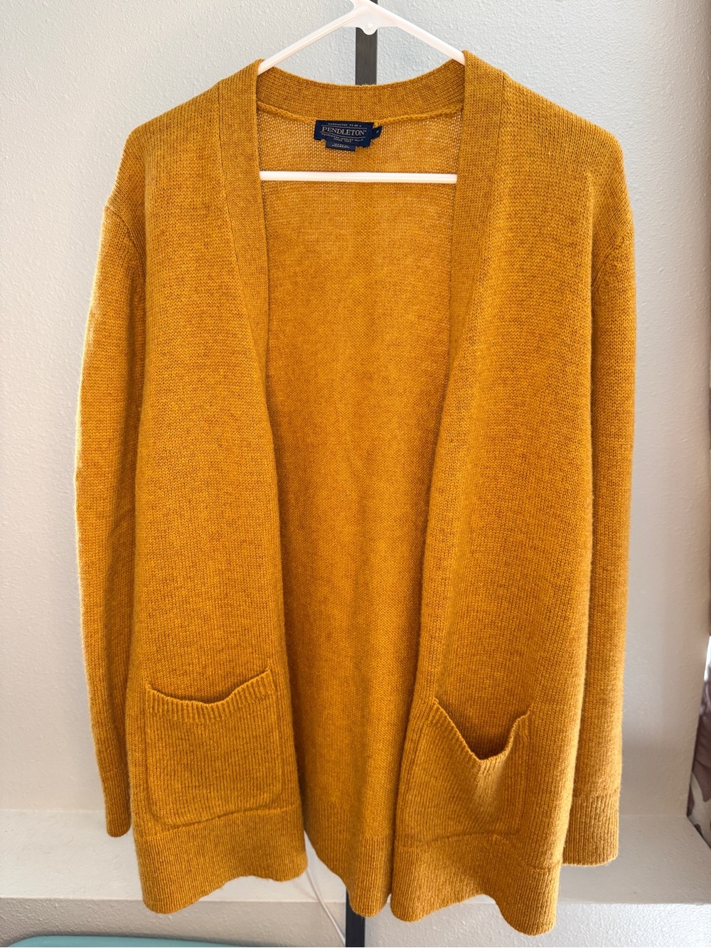 Pendleton Mustard Open-Front 100% Wool Pocket Cardigan